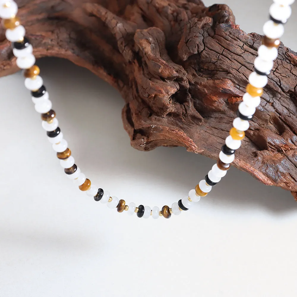 Luxurious Retro Ethnic Style Handmade White Jade and Tiger's Eye Beaded Necklace