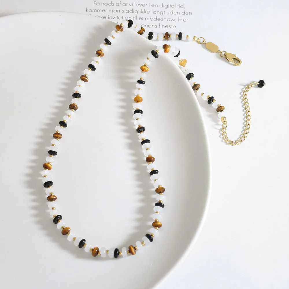 Luxurious Retro Ethnic Style Handmade White Jade and Tiger's Eye Beaded Necklace