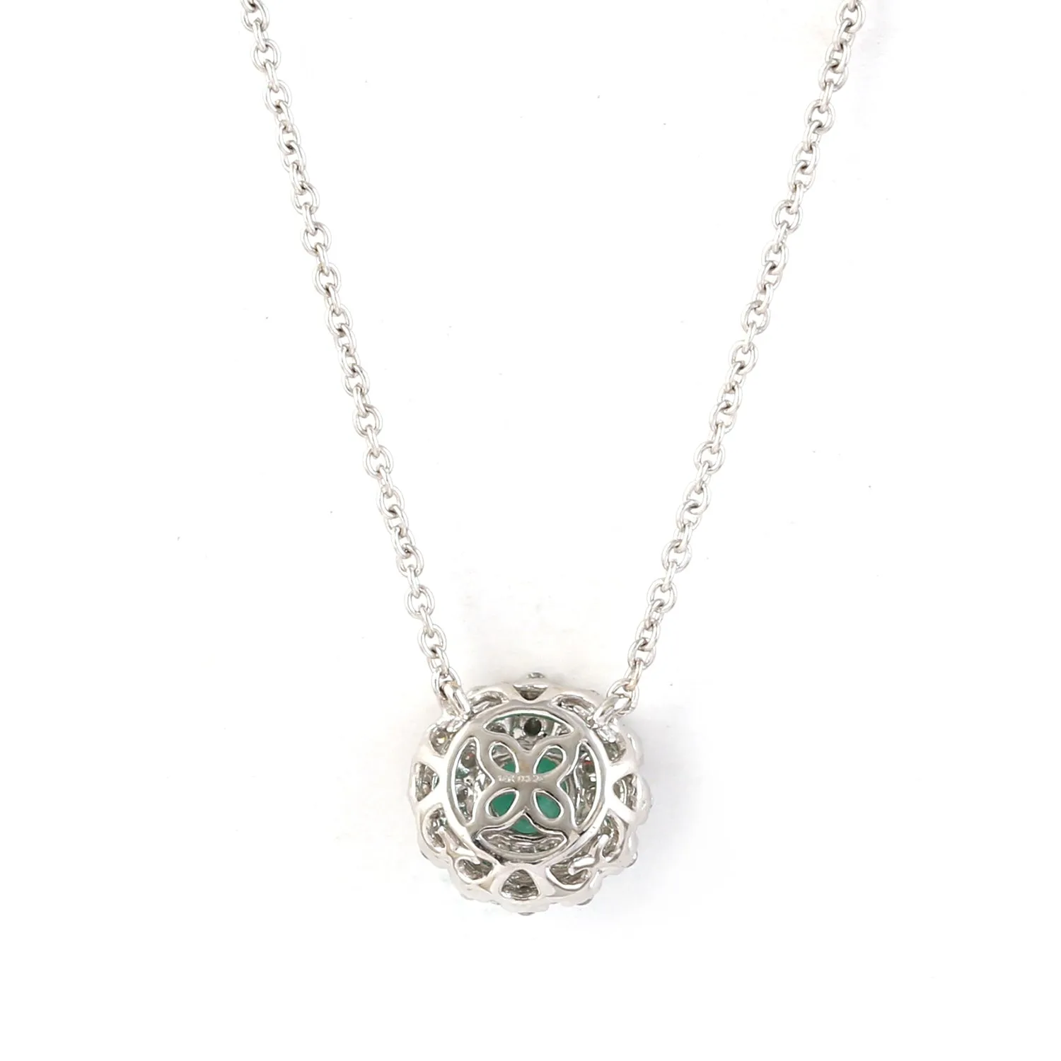 Natural Emerald & Double Halo Diamond Pendant Chain Necklace In 14k White Gold