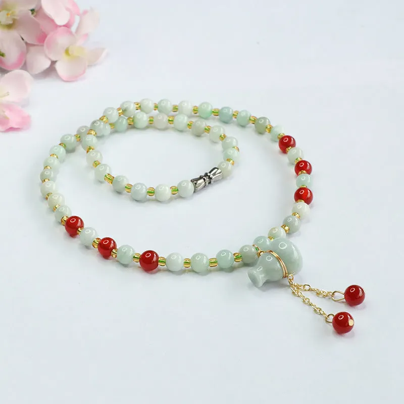 Natural Jade Necklace Jade Gourd Lifting Red Agate Bead Chain