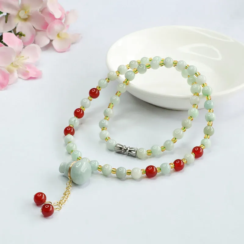 Natural Jade Necklace Jade Gourd Lifting Red Agate Bead Chain