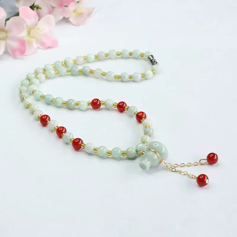 Natural Jade Necklace Jade Gourd Lifting Red Agate Bead Chain