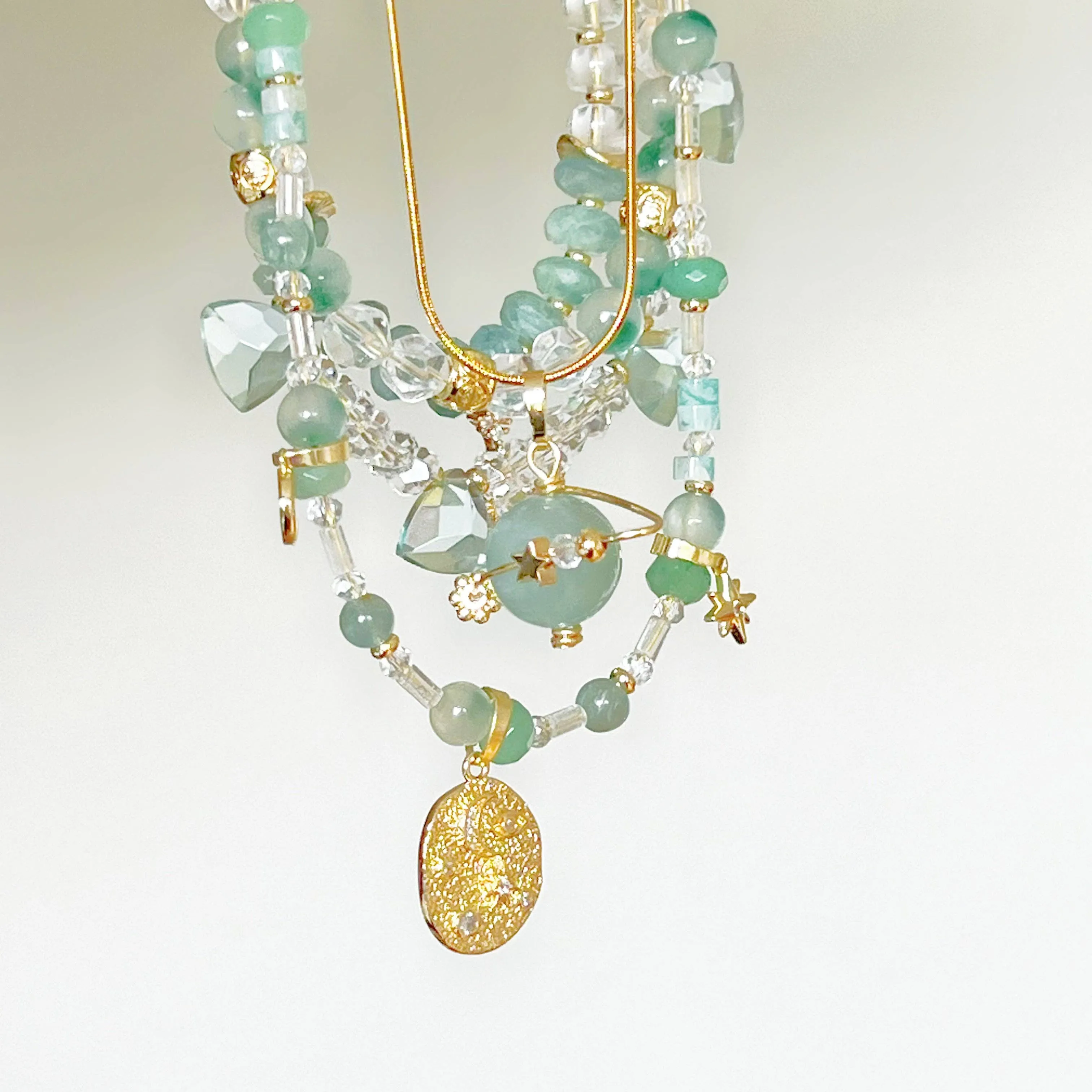 Ninaouity - Moon and Star Pendant with Green Jade Chain Necklace