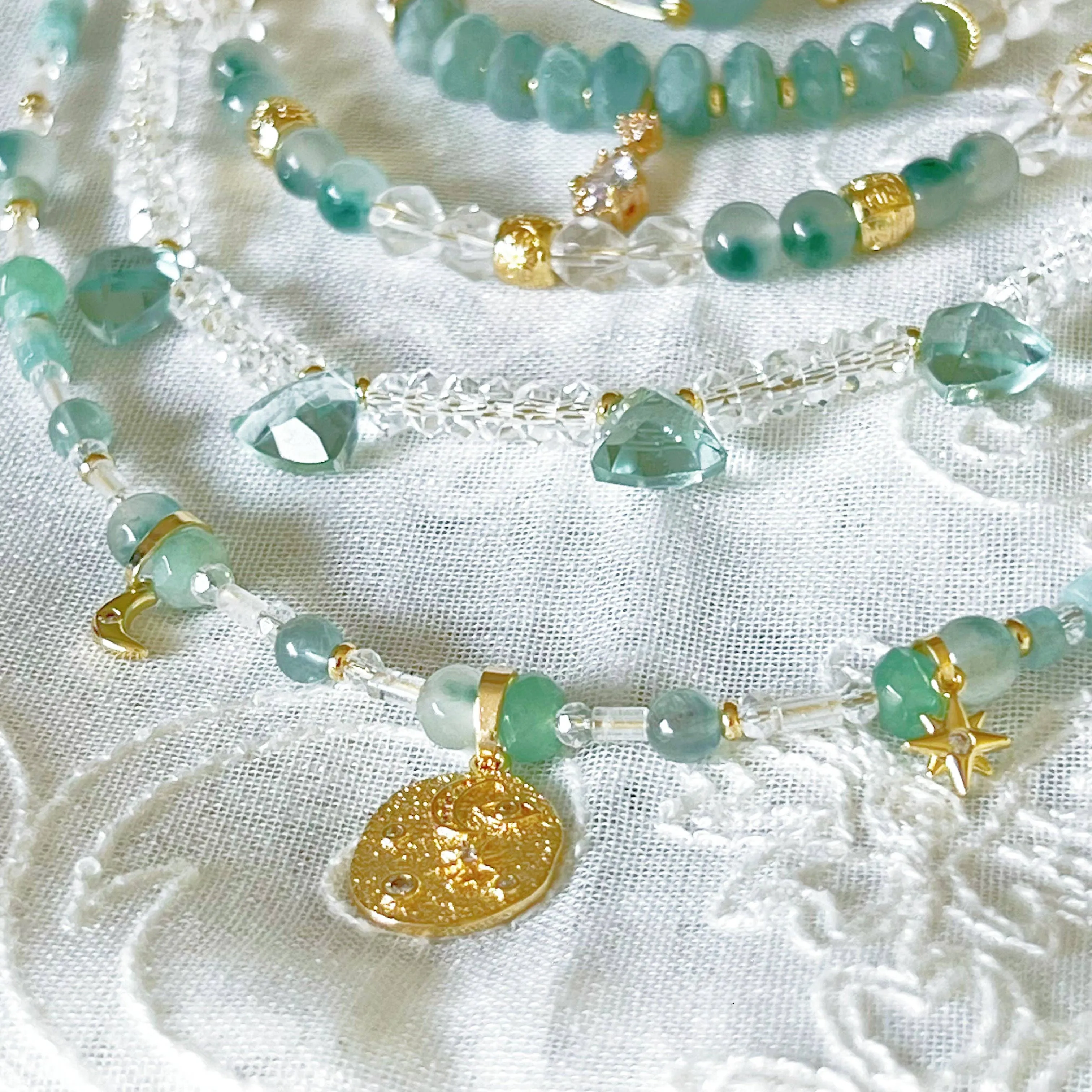 Ninaouity - Moon and Star Pendant with Green Jade Chain Necklace