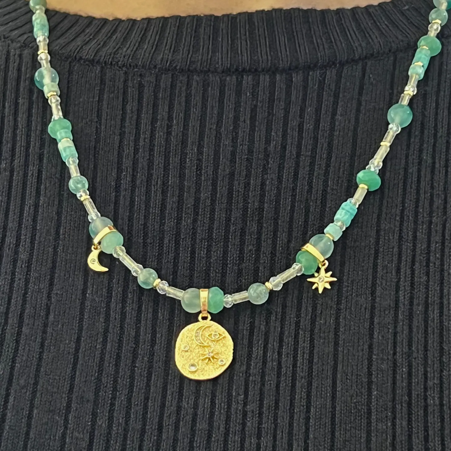 Ninaouity - Moon and Star Pendant with Green Jade Chain Necklace