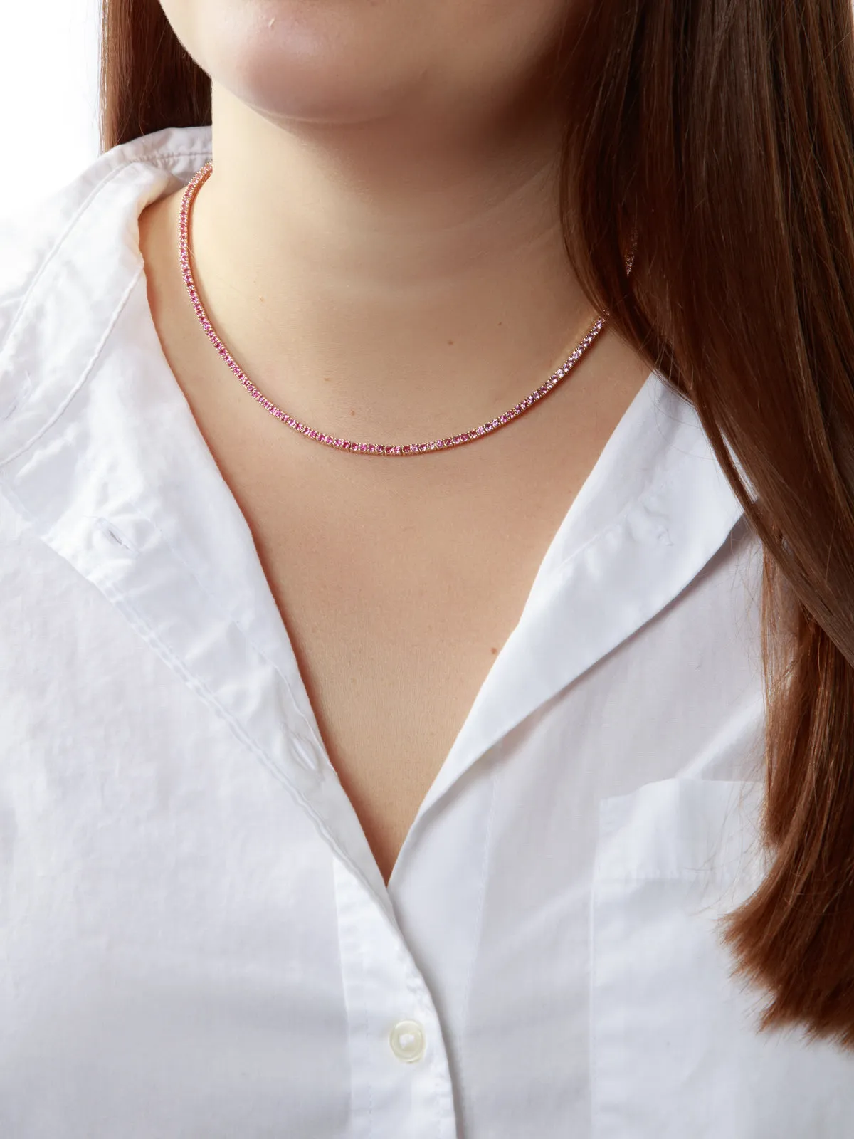 Ombre Pink Sapphire Yellow Gold Tennis Necklace