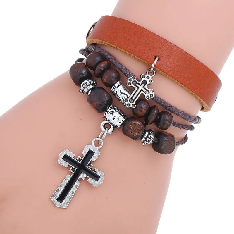 Personalized Beaded Multi-Layer Cattle Leather Bracelet Simple European and American Style Vintage Ornament Couple Leather Bracelet