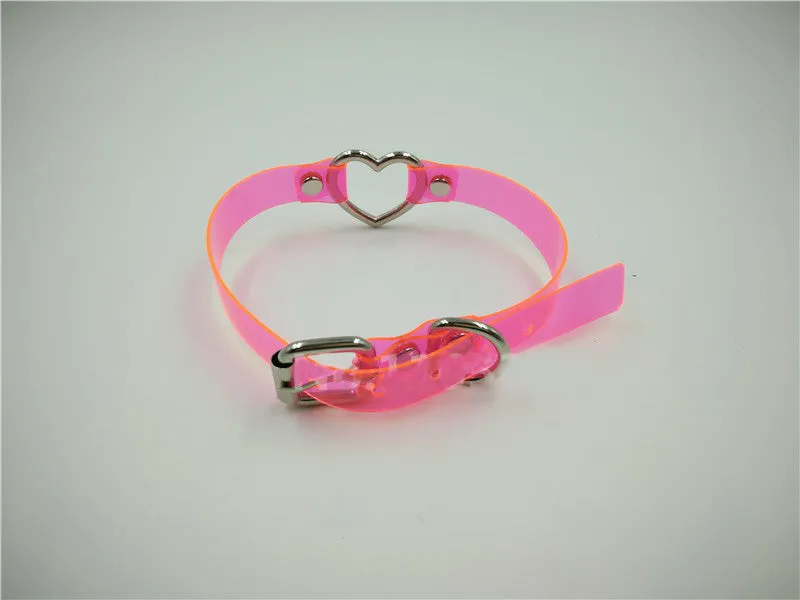 Pink PVC Transparent Collar w/ Silver Heart Shaped O Ring Detail