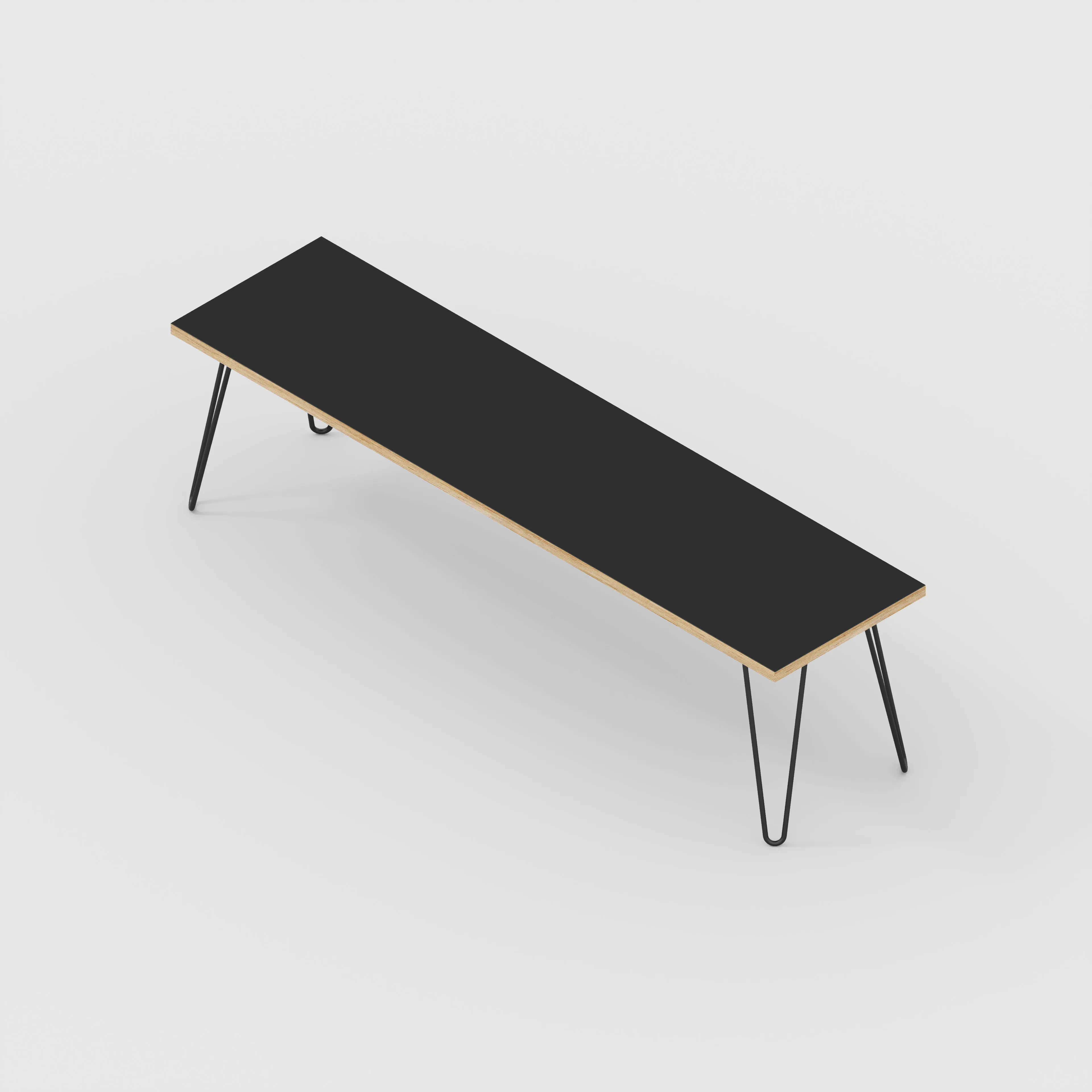 Plywood Bench Seat with Black Hairpin Legs - Formica Diamond Black - 1600(w) x 400(d)
