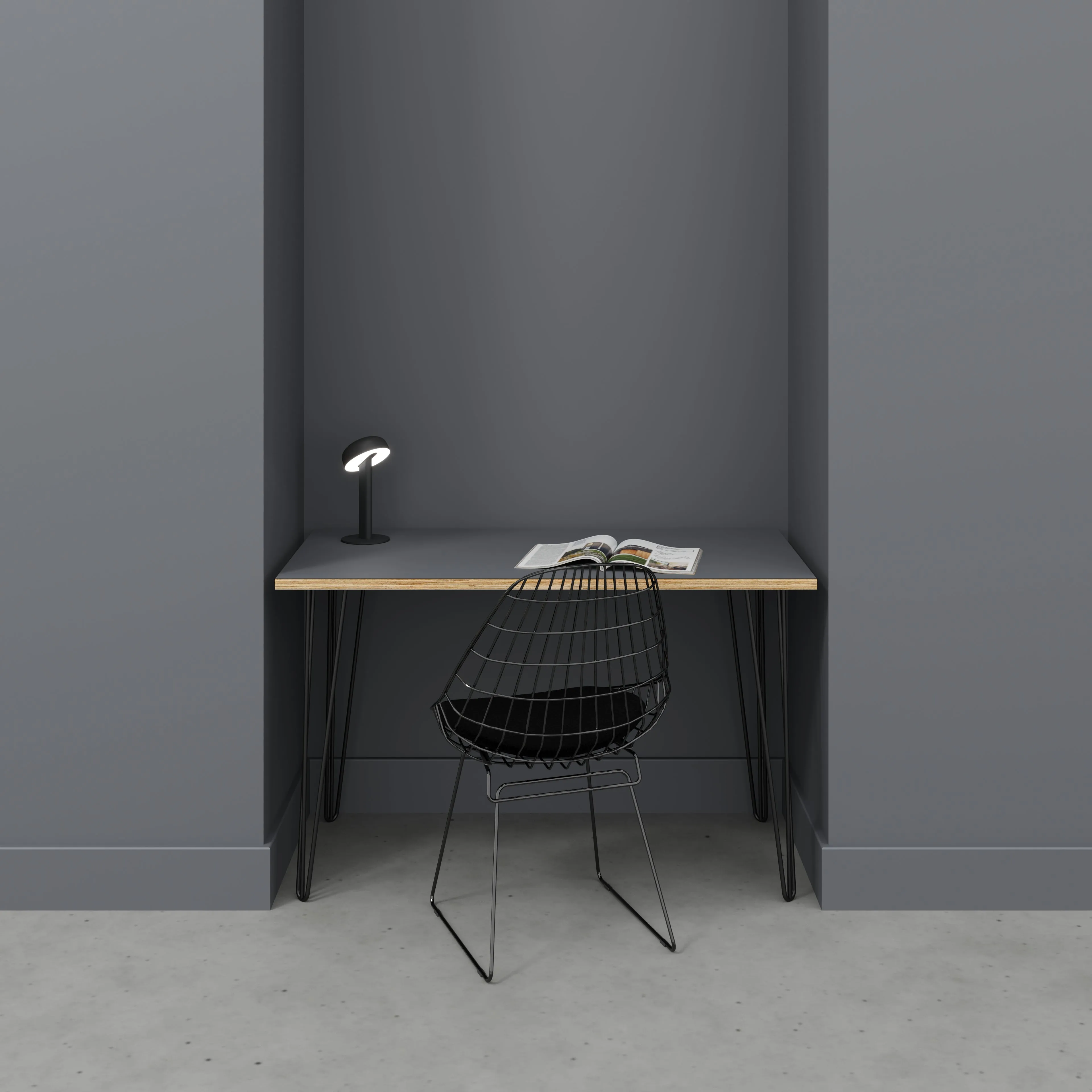 Plywood Desk with Black Hairpin Legs - Formica Tornado Grey - 1200(w) x 600(d) x 735(h)