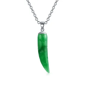 Protection Tooth Amulet Green Jade Gemstone Pendant Necklace for Teens & Men Silver