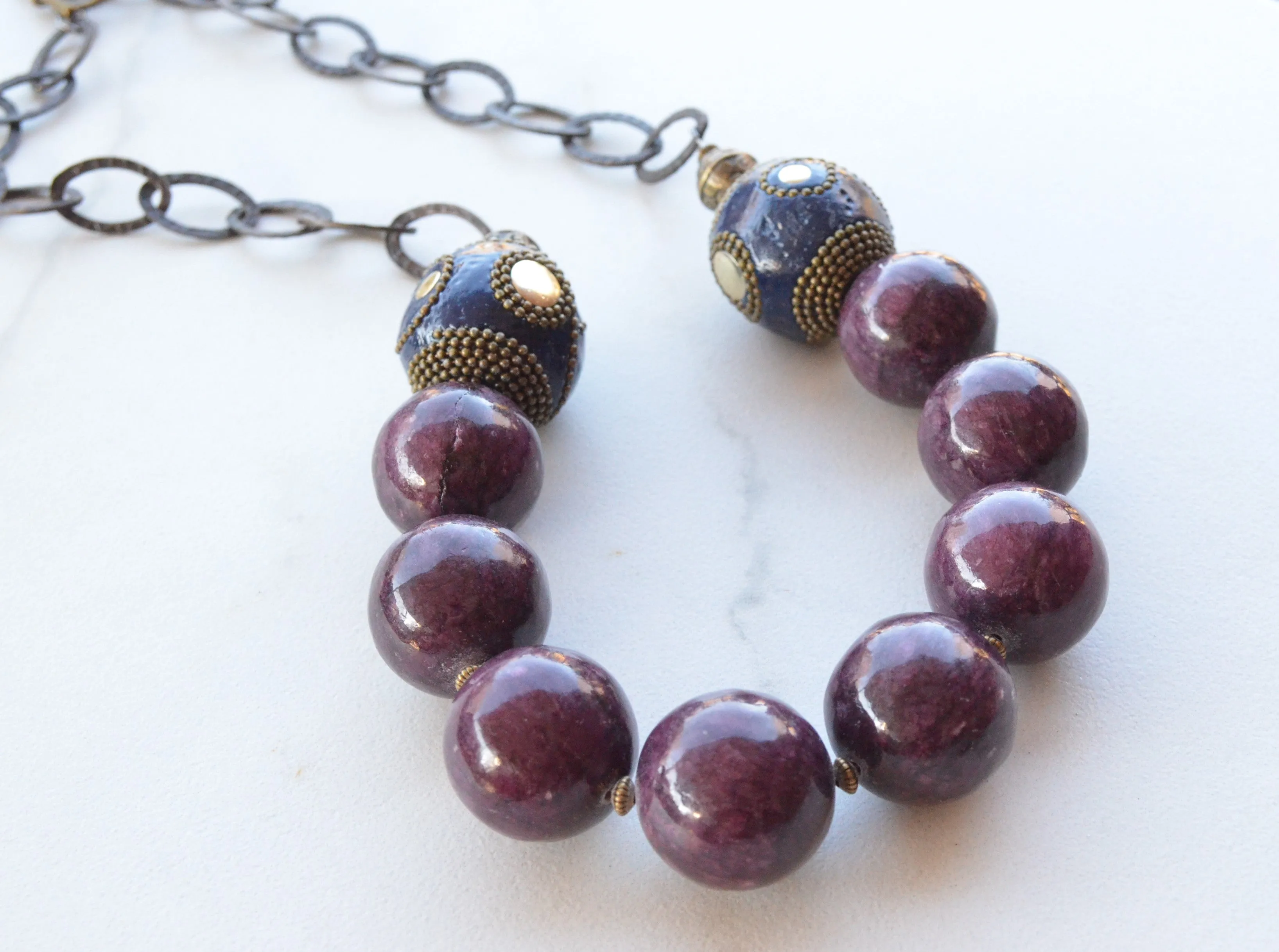 Purple Blue Stone Chunky Beaded Brass Chain Womens Statement Necklace