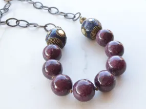 Purple Blue Stone Chunky Beaded Brass Chain Womens Statement Necklace