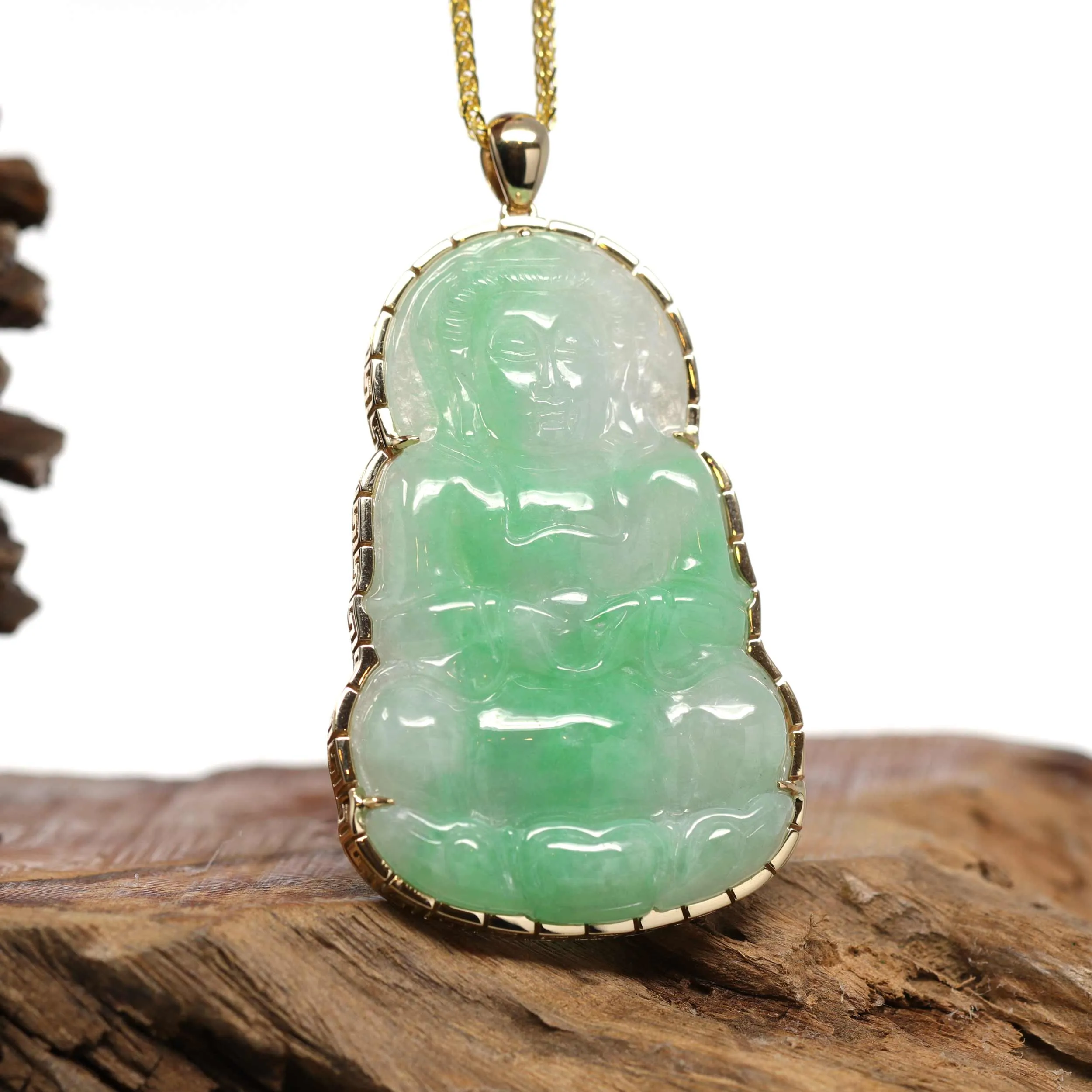 RealJade® 14k "Goddess of Compassion" Genuine Burmese Jadeite Jade Guanyin Necklace With Good Luck Design