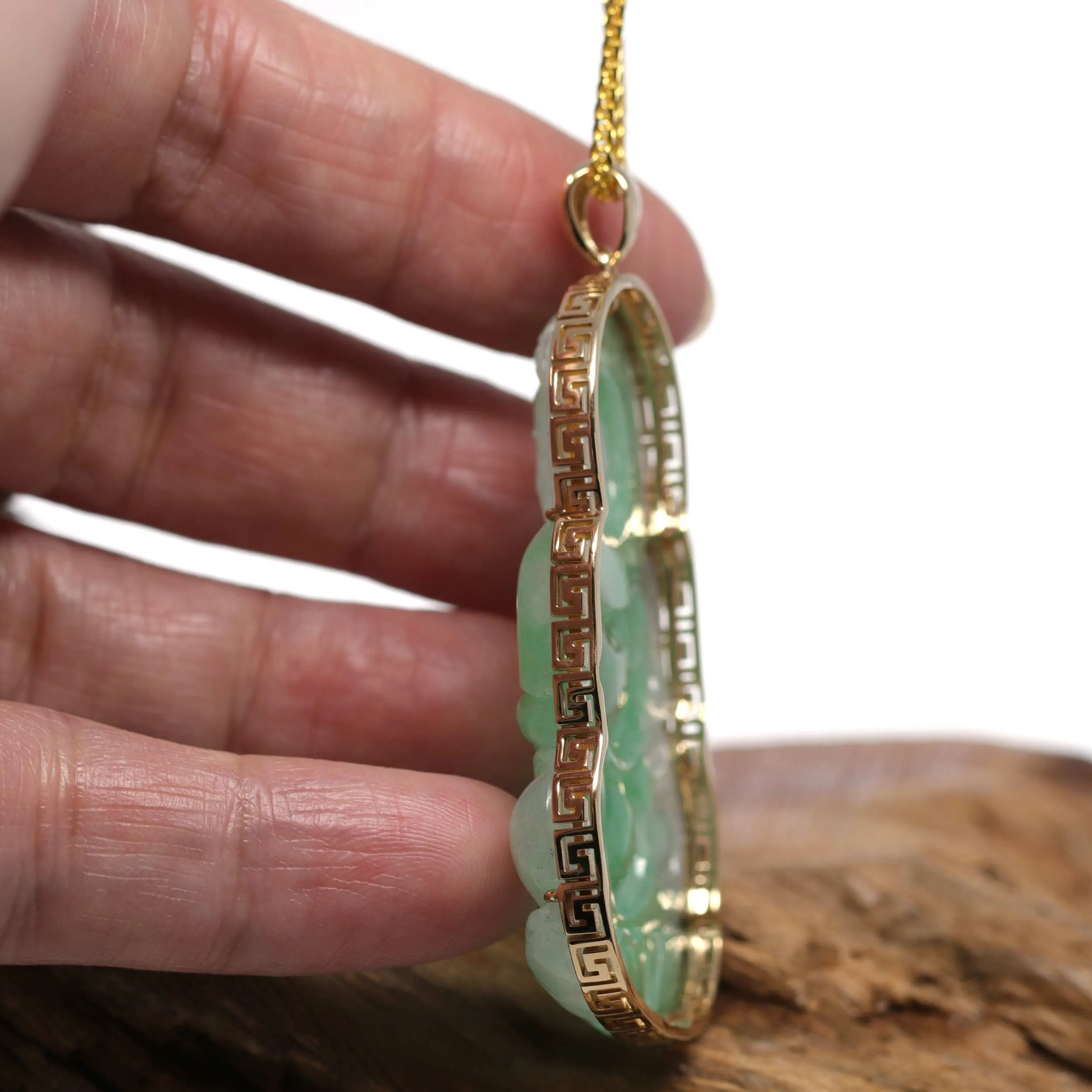 RealJade® 14k "Goddess of Compassion" Genuine Burmese Jadeite Jade Guanyin Necklace With Good Luck Design