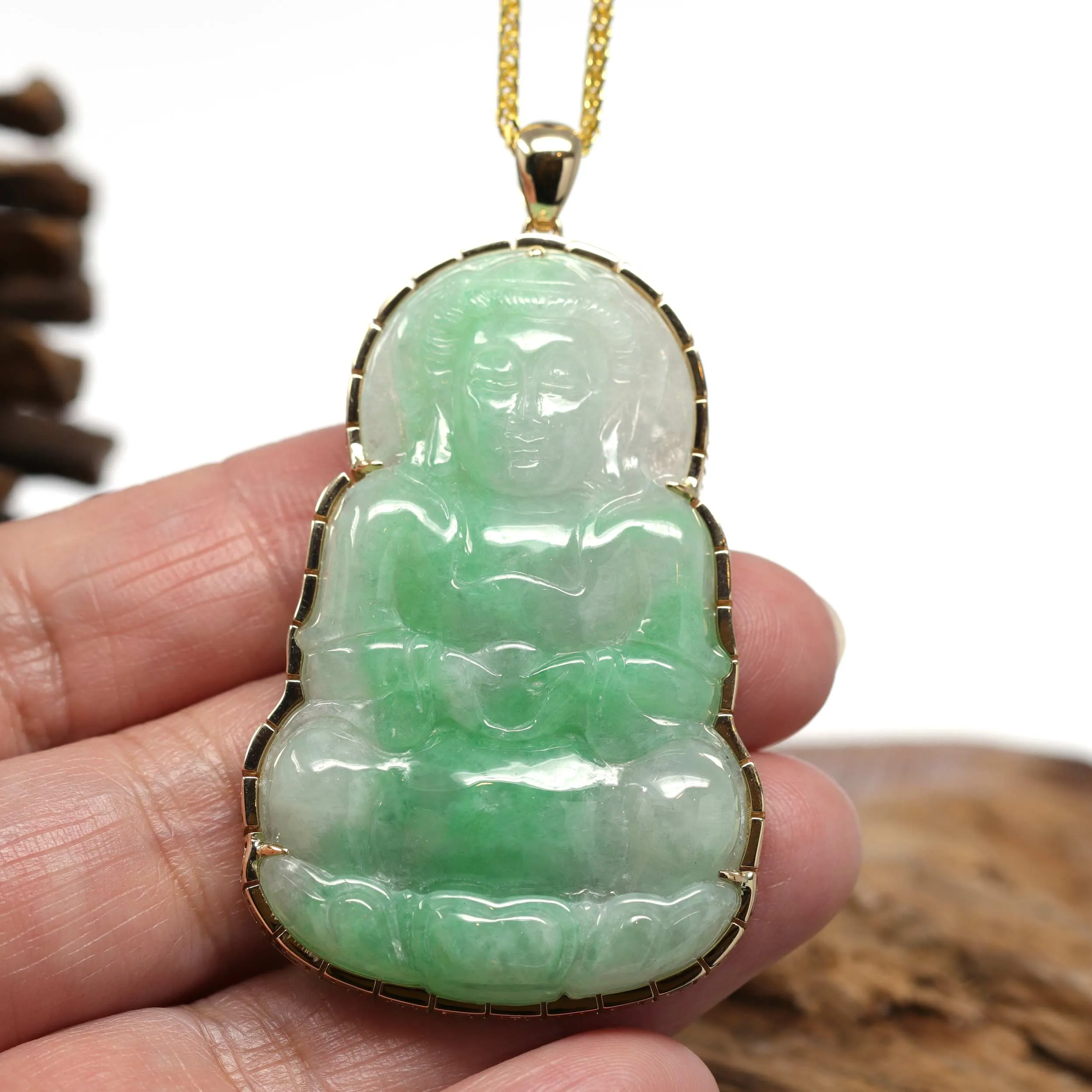 RealJade® 14k "Goddess of Compassion" Genuine Burmese Jadeite Jade Guanyin Necklace With Good Luck Design