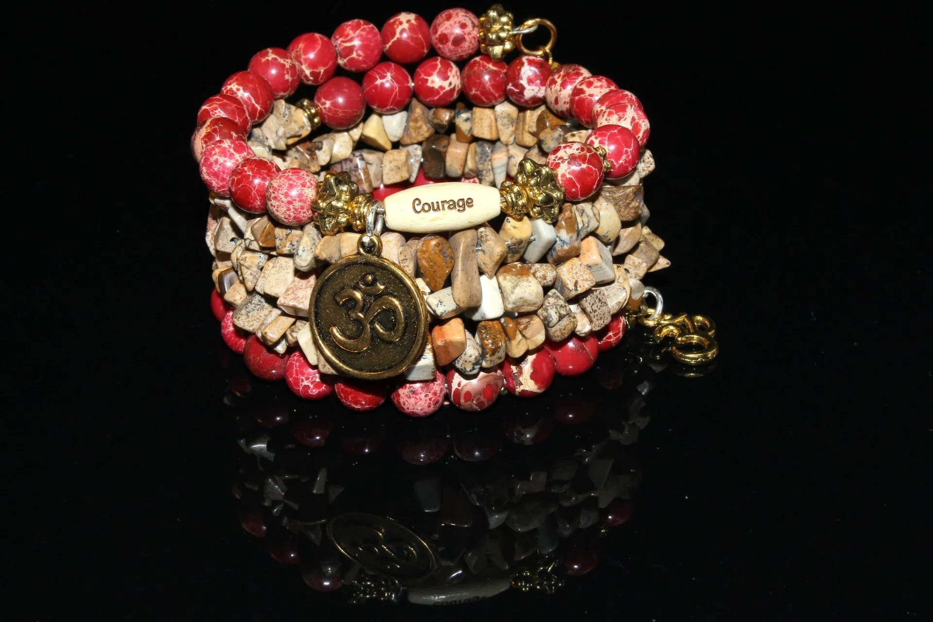 Red Imperial And Picture Jasper Gemstone, Om Charms Cuff Wrap Bracelet And Earrings Set