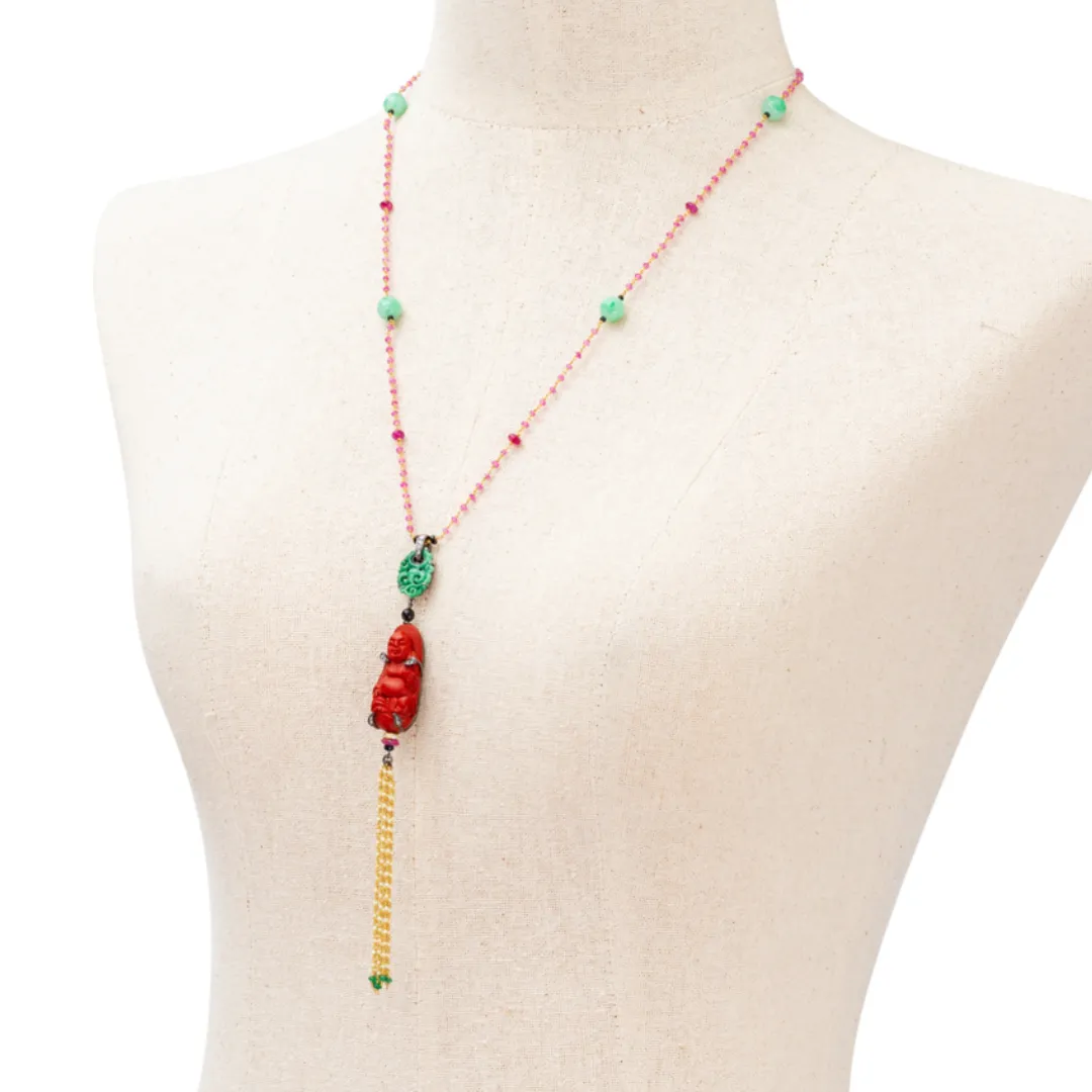 Red Lacquer Happy Monk Necklace with Jade & Ruby