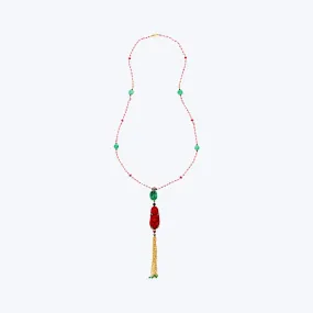 Red Lacquer Happy Monk Necklace with Jade & Ruby