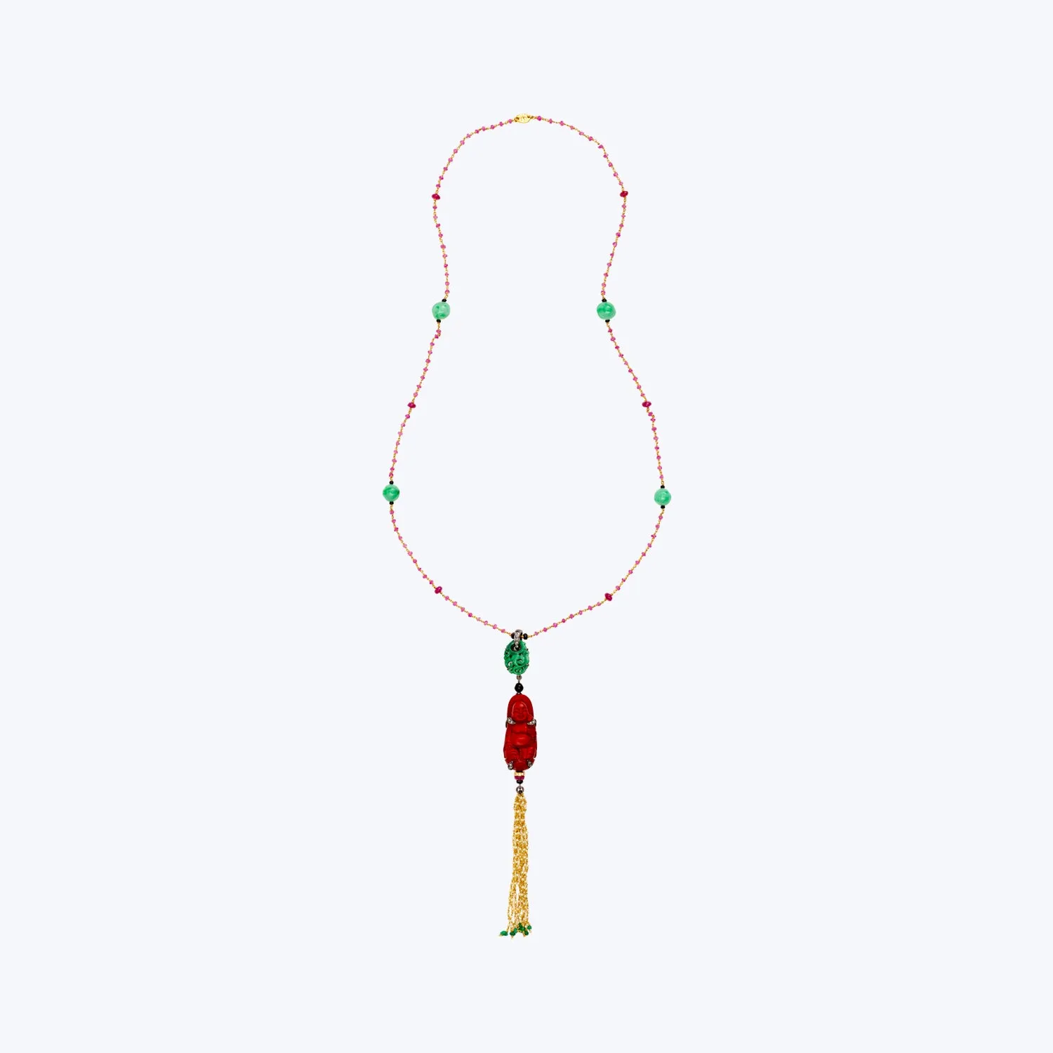 Red Lacquer Happy Monk Necklace with Jade & Ruby