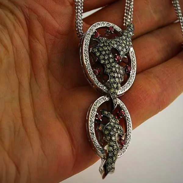 Red Sapphire White and Champagne Diamonds Pendant Necklace 18k White Gold