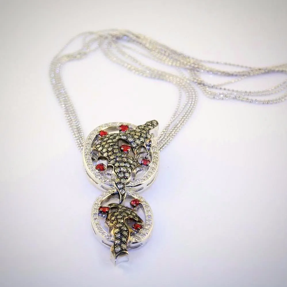 Red Sapphire White and Champagne Diamonds Pendant Necklace 18k White Gold