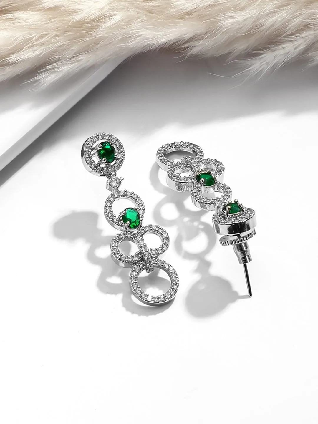 Rhodium Plated Emerald & Cubic Zirconia Studded Circular Link Jewellery Set