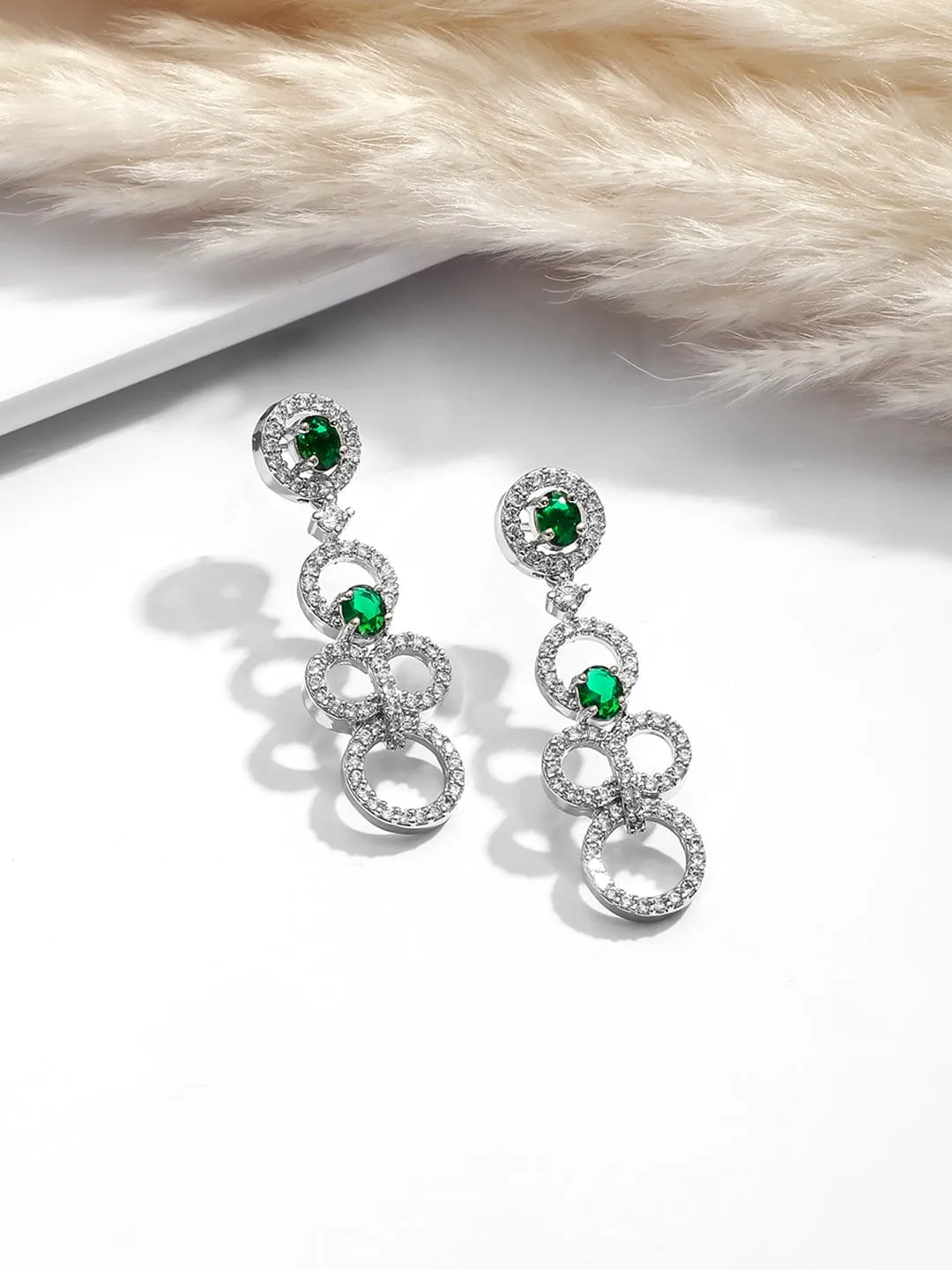 Rhodium Plated Emerald & Cubic Zirconia Studded Circular Link Jewellery Set