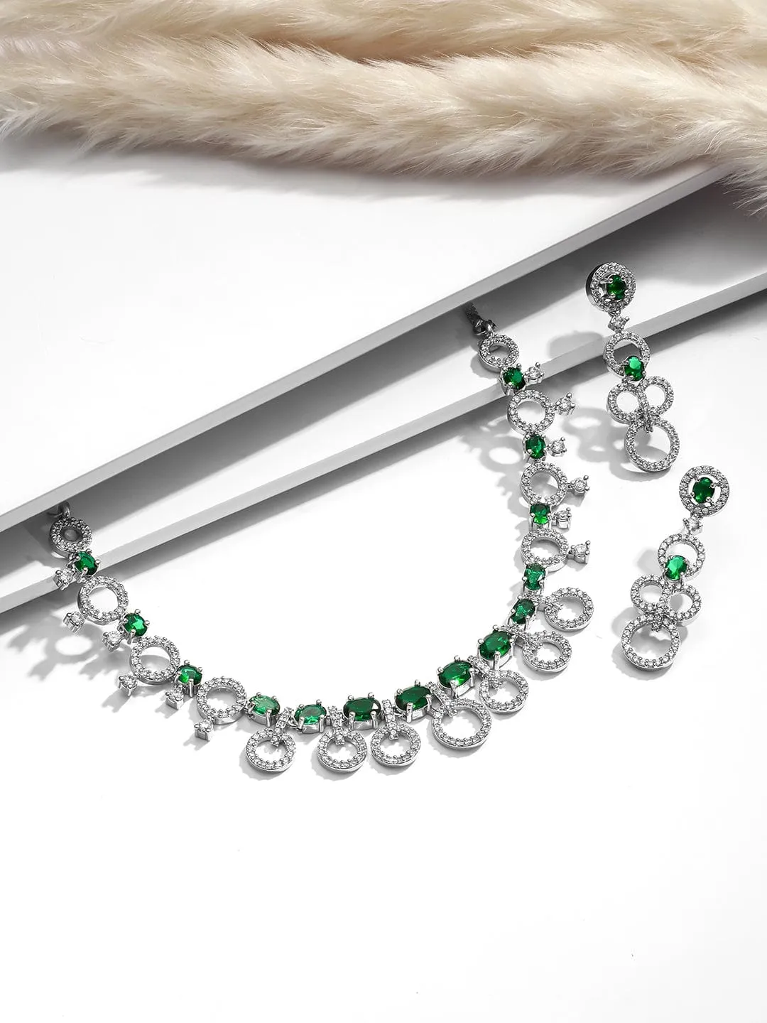 Rhodium Plated Emerald & Cubic Zirconia Studded Circular Link Jewellery Set