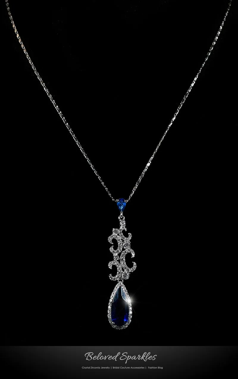 Romia Vintage Art Deco Sapphire Blue Pendant Necklace | 12 Carat | Cubic Zirconia