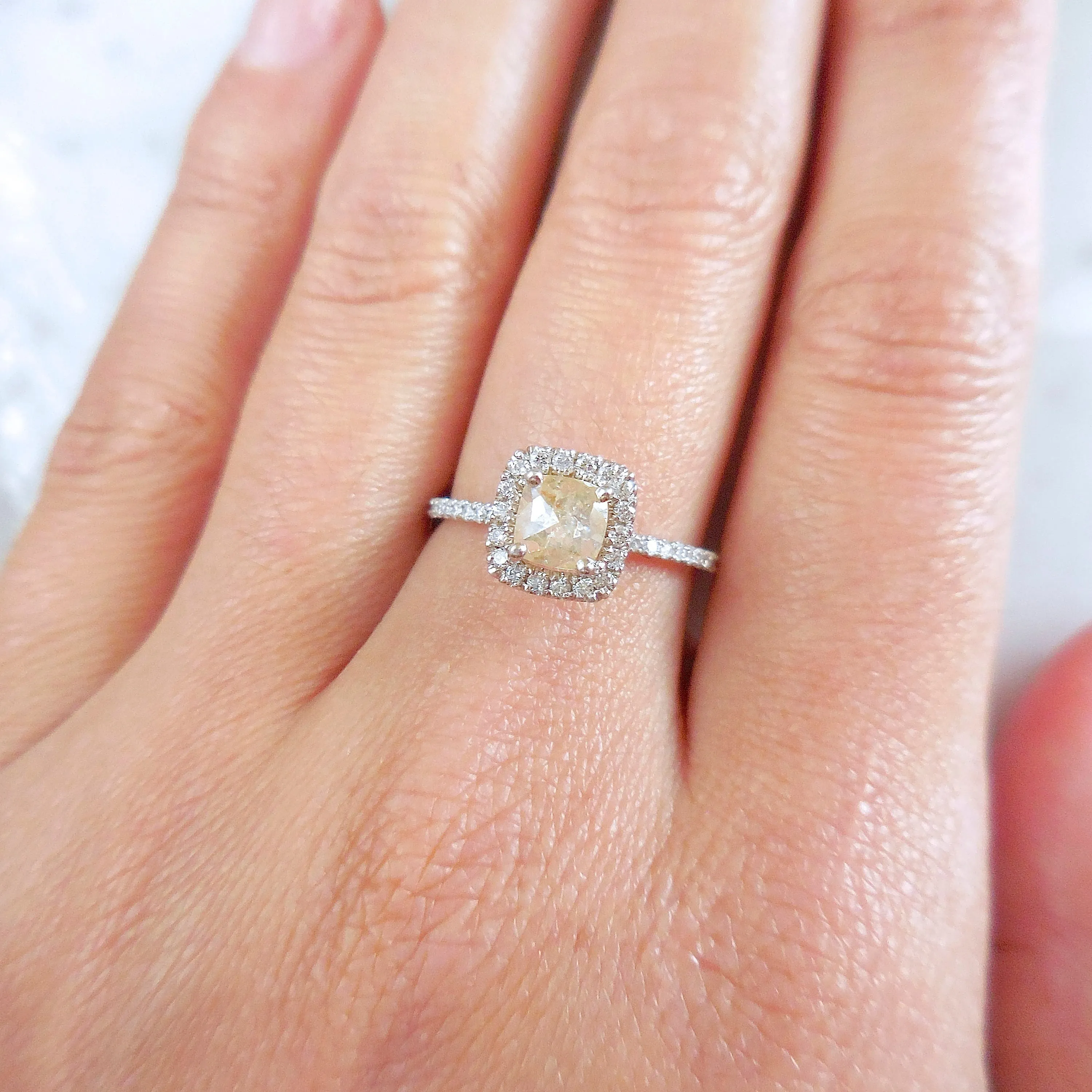 Rose Cut diamond Halo Ring - Champagne Rose Cut Diamond Ring - Peach Diamond Engagement Ring