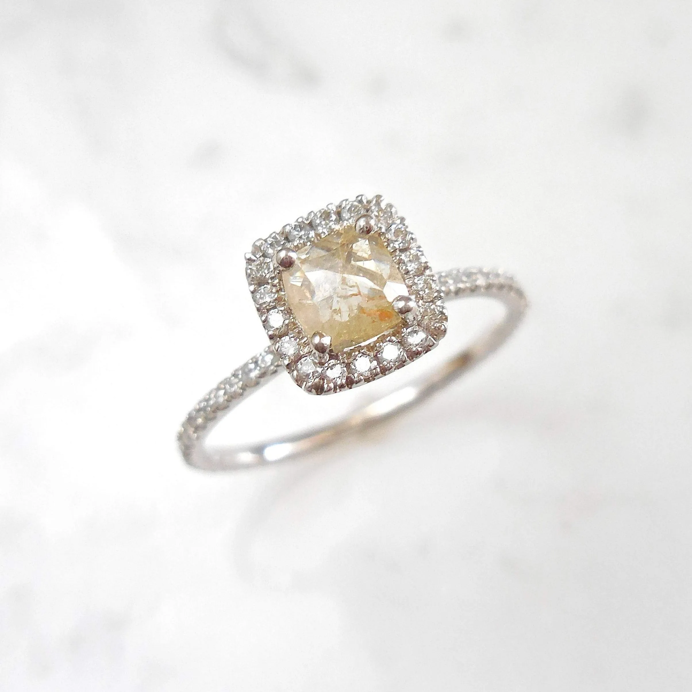 Rose Cut diamond Halo Ring - Champagne Rose Cut Diamond Ring - Peach Diamond Engagement Ring