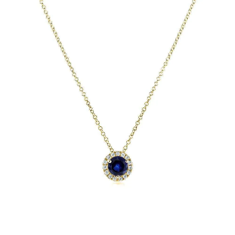 Round Blue Sapphire and Diamond Necklace 4/5 Carat (ctw) in 14k Yellow Gold