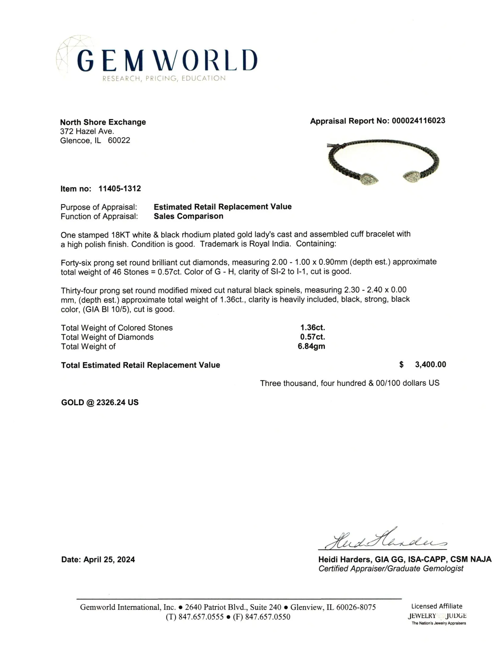 Royal India 18K White Gold Cuff  Bracelet with 44  Diamonds and Black Spinel