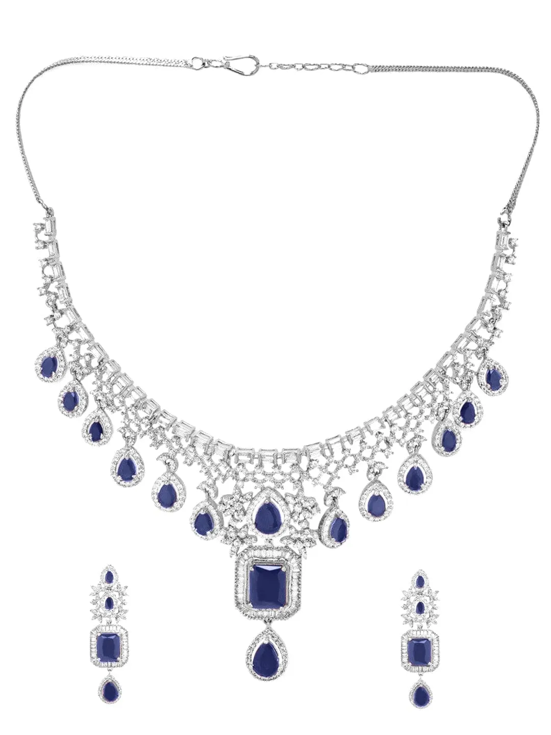 Rubans Rhodium-Plated Blue Sapphire & White Cubic Zirconia Handcrafted Premium Jewellery Set