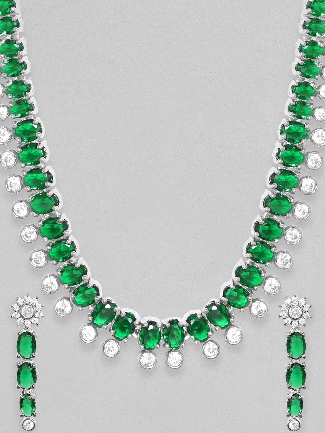 Rubans Rhodium Plated Premium White & Emerald Zircons Necklace Set