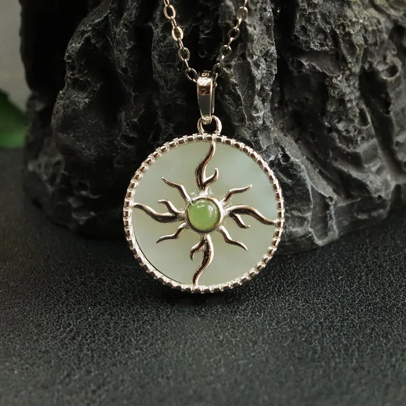 S925 Silver Natural Hotan Jade Pendant Round Pendant Sun Necklace Jewelry
