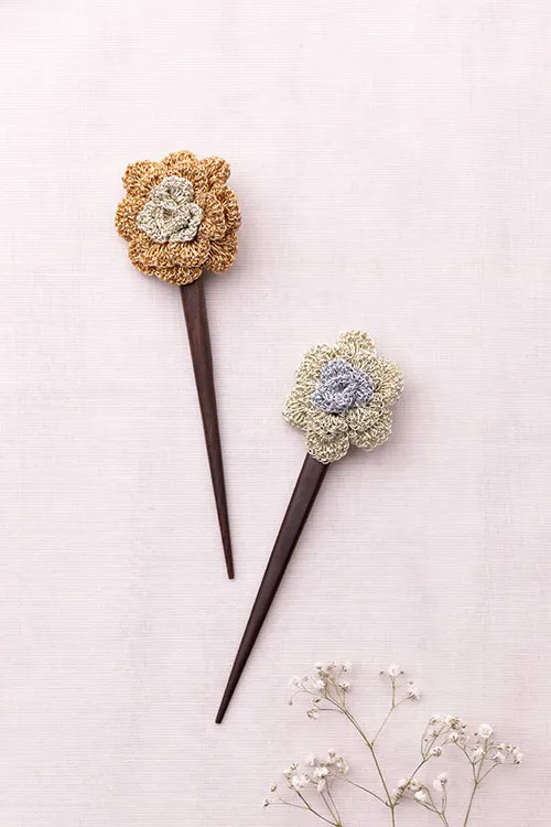 Samoolam Handmade Crochet Hairstick ~ Metallic Zari Flowers - Pair