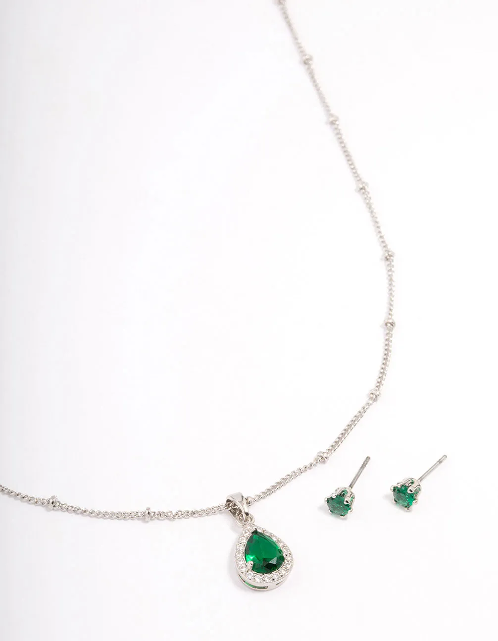 Silver Cubic Zirconia Emerald Earring & Necklace Set