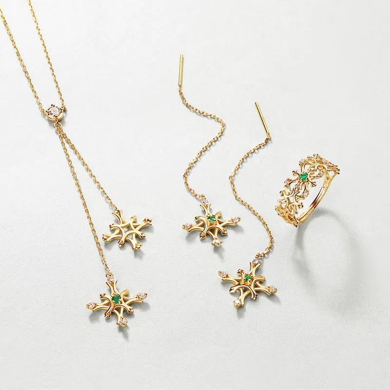 Small Round Emerald Double Snowflake Zircon Tassel Sterling Silve Necklace