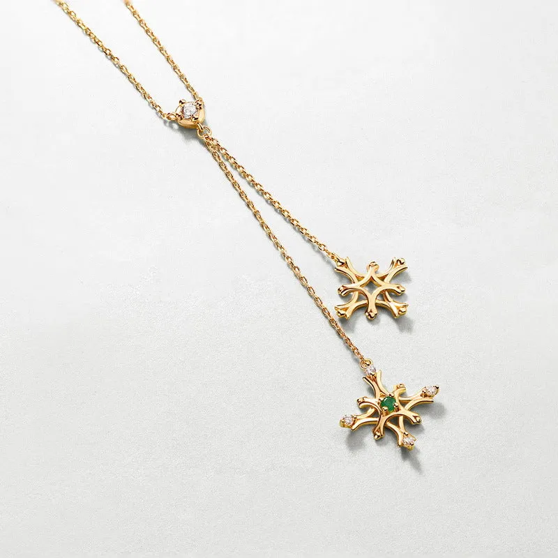 Small Round Emerald Double Snowflake Zircon Tassel Sterling Silve Necklace