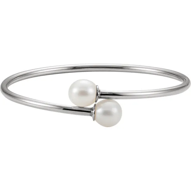 Sterling Silver 9.5mm White Pearl Flexible Bangle Bracelet