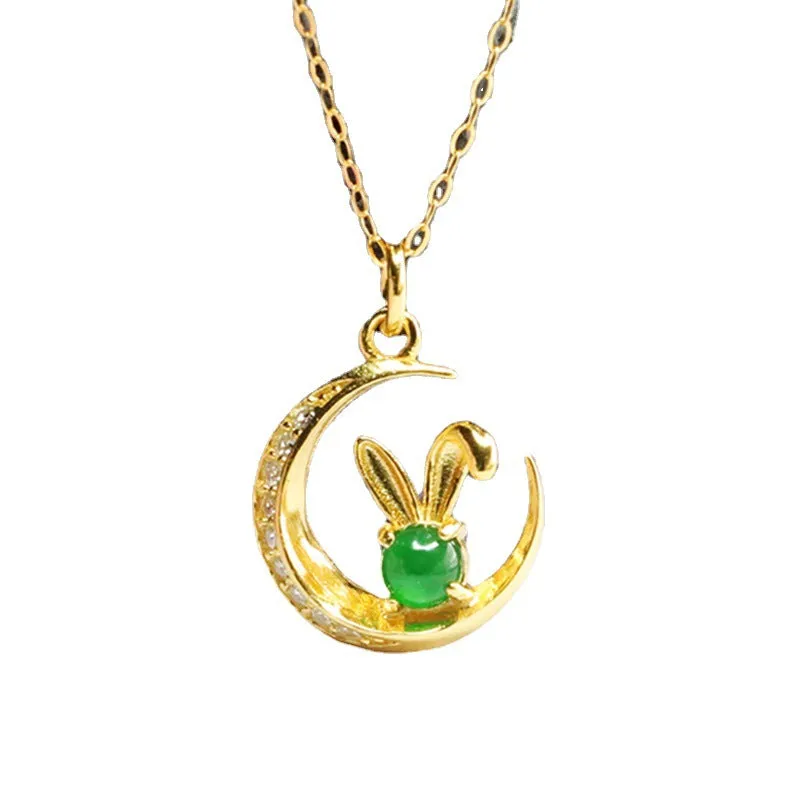 Sterling Silver Natural Ice Green Jade Rabbit Moon Necklace