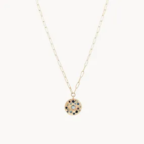tie dye moonchild medallion necklace - 14k yellow gold, blue sapphire, 20"