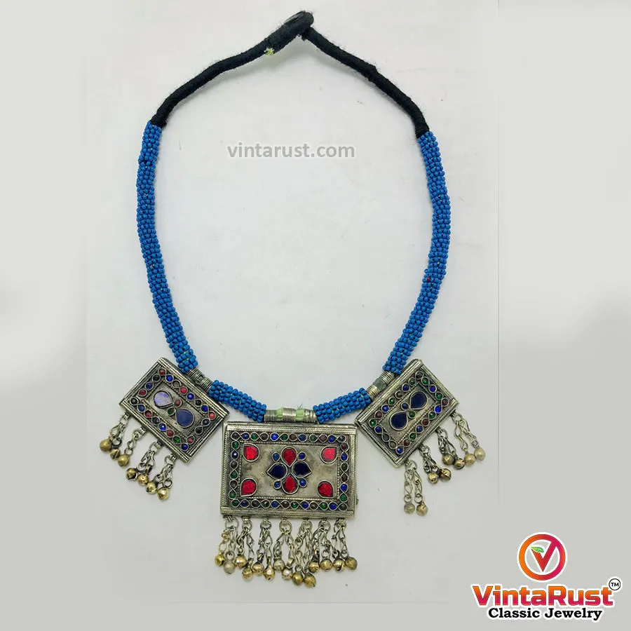 Tribal Blue Beaded Necklace With Dangling Pendant