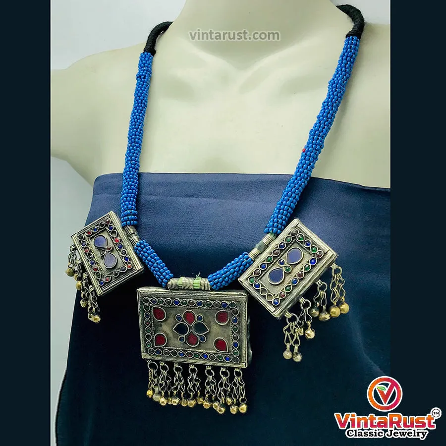 Tribal Blue Beaded Necklace With Dangling Pendant