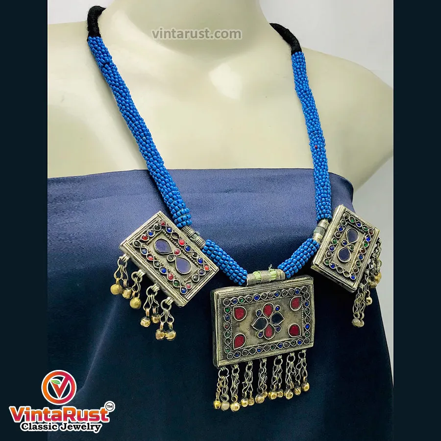 Tribal Blue Beaded Necklace With Dangling Pendant
