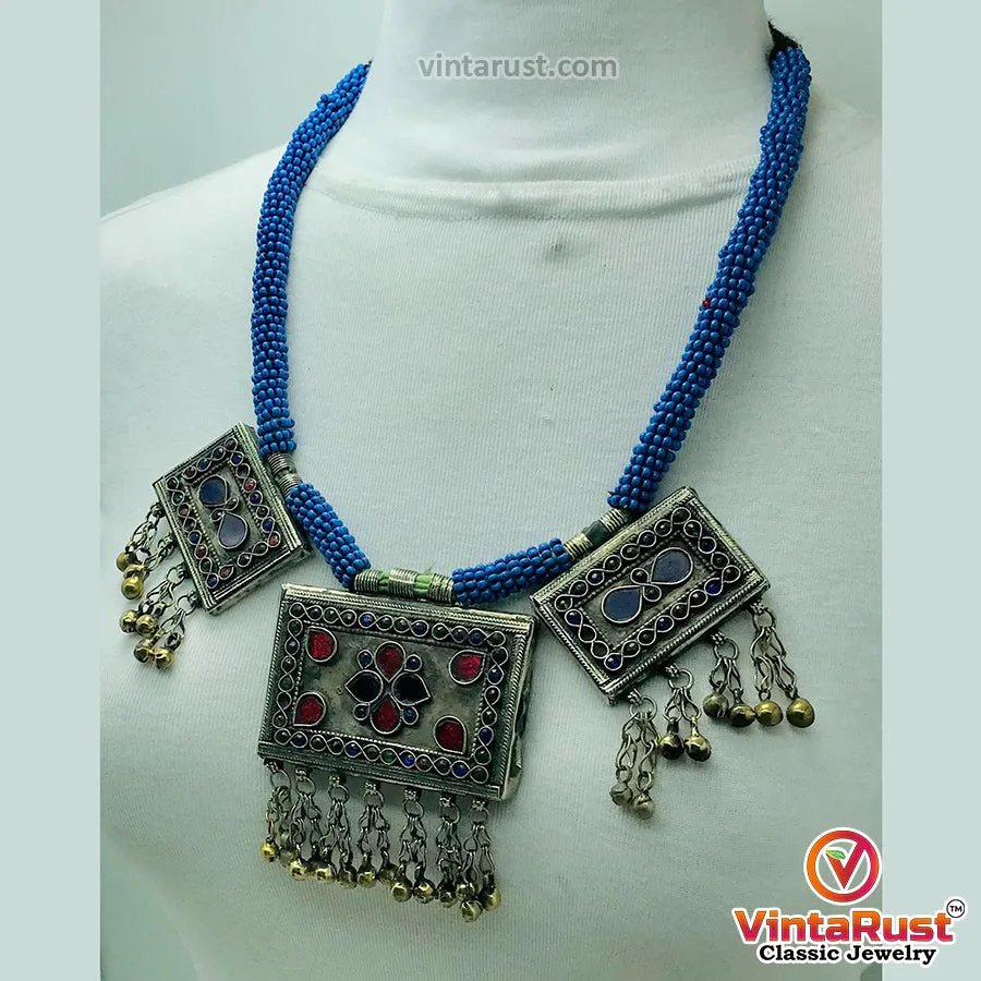 Tribal Blue Beaded Necklace With Dangling Pendant