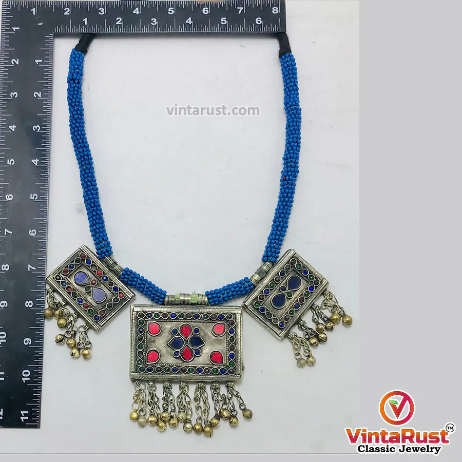 Tribal Blue Beaded Necklace With Dangling Pendant