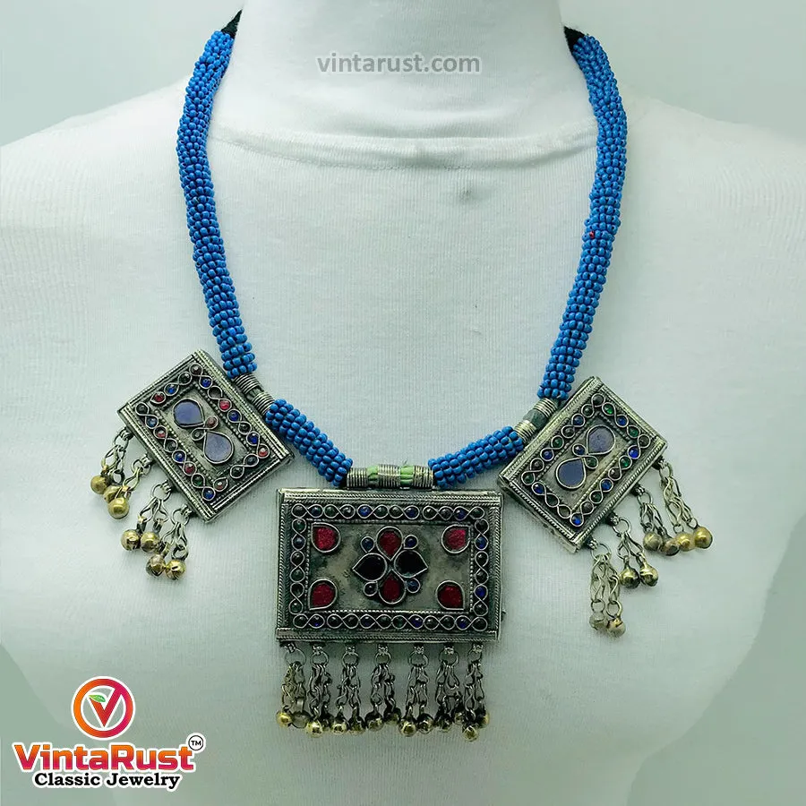 Tribal Blue Beaded Necklace With Dangling Pendant